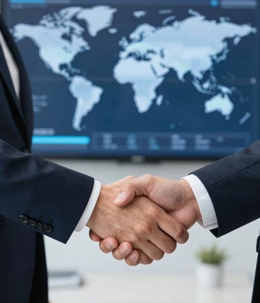 A close-up, high-detail shot of a professional handshake between two business partners in a sleek office setting. In the background, a digital screen displays global sales maps in soft blue tones (#3C6281). The image projects trust, partnership, and modern professionalism.