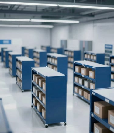 A professional wide-angle shot of a modern, high-tech logistics center. The lighting is cool and sophisticated, featuring deep blue shelving units (#0B243B) and clean white flooring (#F7F9FC). The atmosphere is organized and efficient, representing global e-commerce excellence.