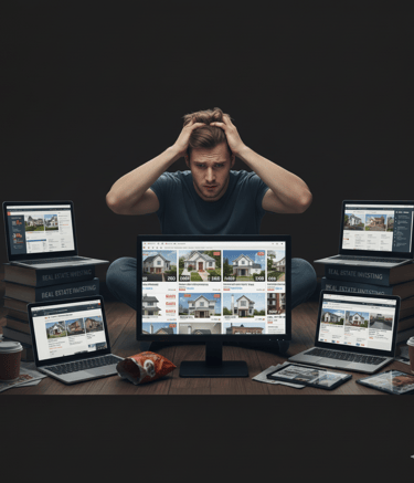 Frustrated investor surrounded by screens displaying real estate listings, overwhelmed by informatio