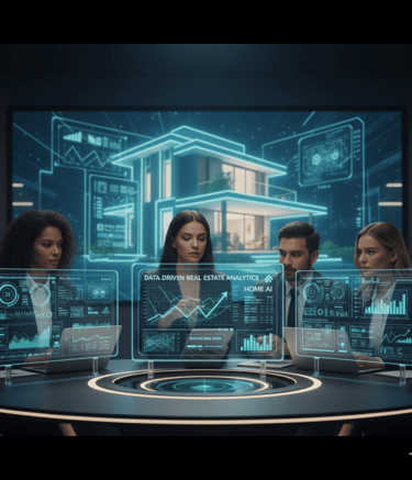 Professionals analyze data-driven real estate analytics on transparent screens in a futuristic setti