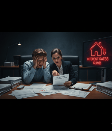 Two distressed people looking at a mortgage repayment notice as "INTEREST RATES CLIMB" glows