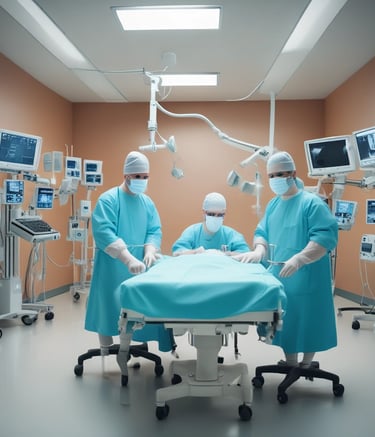A group of medical professionals in scrubs and lab coats walks down a bright hospital corridor. They appear to be engaged in conversation, heading towards a destination within the hospital. The environment is clean and well-lit, emphasizing a clinical setting.