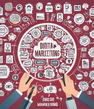 digital marketing artwork on brown wooden surface