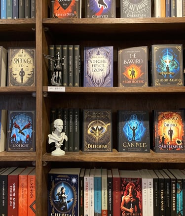 A cozy bookshelf filled with colorful fantasy novels and fairy tale books.