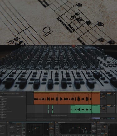 Professional music production setup with an analog mixing console and digital audio workstation software.