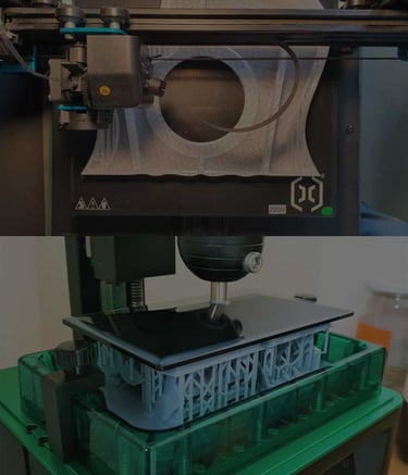 A dual view showing an FDM 3D printer nozzle extruding filament and a resin printer creating a detailed gray part.