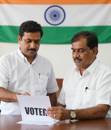 A room viewed through a window, featuring a person seated at a desk. There is an electronic voting machine box labeled 'Urna Eletrônica' next to the person. Several plants are visible, and the scene appears calm and softly lit.