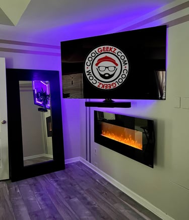 Wire free tv installation with floating fireplace