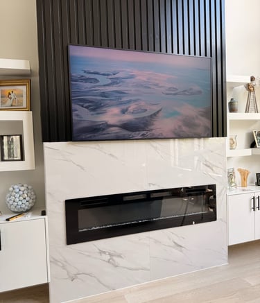 tv installed on louvered wall panels wire free
