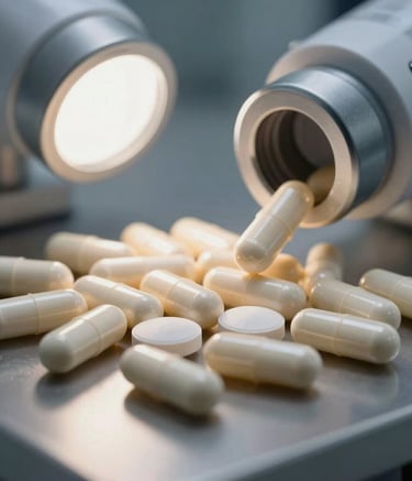 Close up of high-quality pharmaceutical capsules and tablets being inspected in a clean facility, modern lighting, professional.