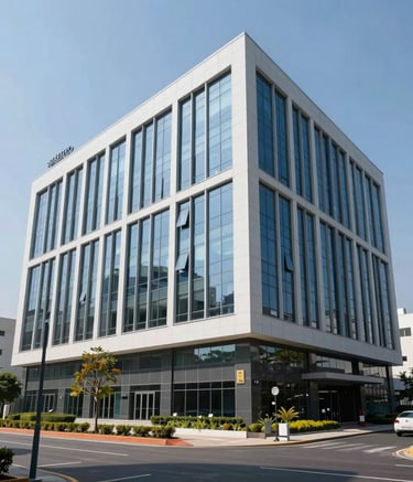 Exterior view of a modern corporate office of a pharmaceutical company in South Asia, sunny day, professional architecture.