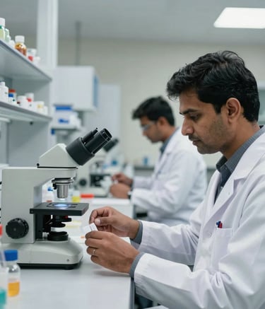Modern pharmaceutical laboratory with South Asian / Indian scientists working on research, bright lighting.