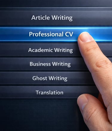 A finger selecting the professional CV option on a touchscreen menu of writing services.
