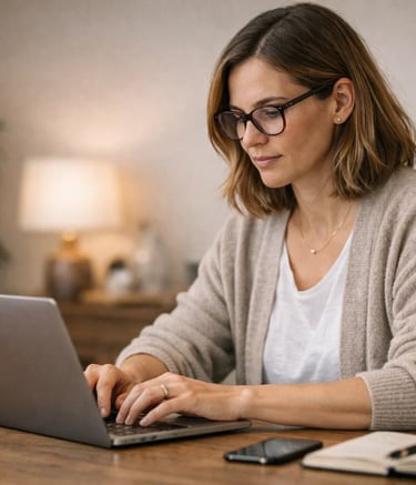 Professional woman with glasses working on a laptop at a home office desk.