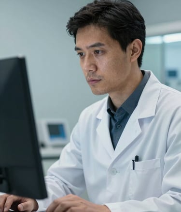 Close-up photography of a Brazilian medical specialist in a clean, modern white lab coat, looking attentively at a computer screen. The background is a professional clinical environment with soft, light blue walls and professional lighting that evokes competence and trust.