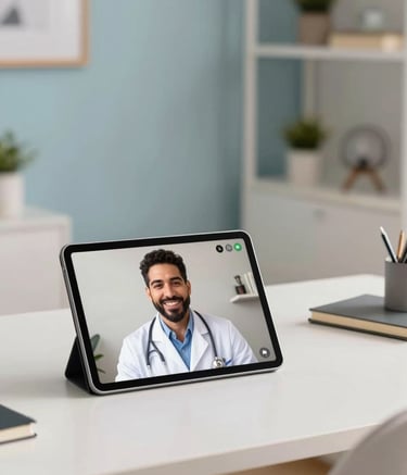 Professional photography of a bright, modern home office in Brazil. A thin tablet is propped up on a clean desk, showing a video call with a friendly Brazilian doctor in professional medical attire. The lighting is soft and natural, emphasizing a sense of comfort and ease. The room features light blue and off-white accents.