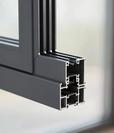 A close-up of a premium aluminum window frame profile in a sleek dark grey finish, highlighting precision engineering and clean minimalist design, soft natural lighting, professional product photography.