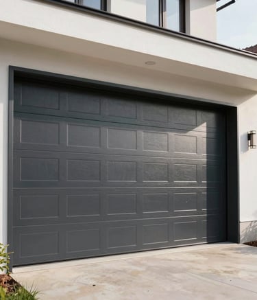 Professional photography of a modern dark charcoal sectional garage door being installed on a contemporary Bulgarian house, bright morning light, clean architectural lines, showing expert workmanship.