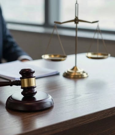 A close-up of a professional wooden desk with a legal gavel and a scale of justice, bathed in soft, natural light coming from a nearby window. The atmosphere is calm and professional, incorporating a palette of #3D5A7F and deep wood tones to symbolize legal expertise and stability.