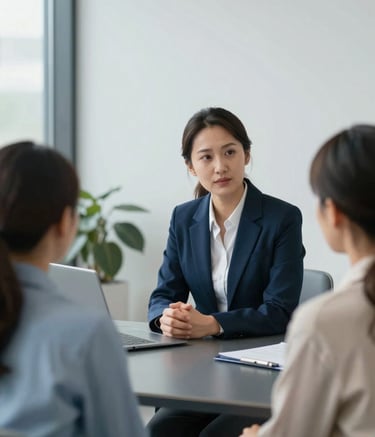 A compassionate legal consultation scene: a diverse lawyer is listening intently to a family in a modern, brightly lit office. The focus is on the supportive interaction. The room is decorated in tones of #8BA0B3 and #F5F8FA, conveying a sense of security and empathy.