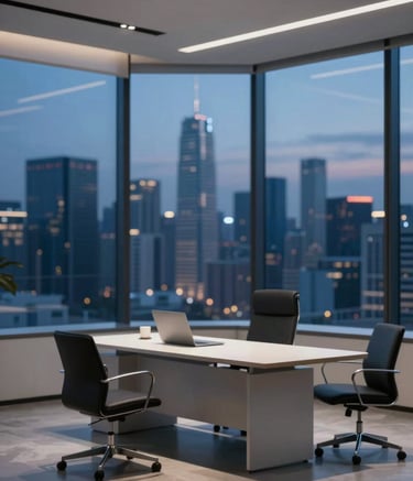A sophisticated law office interior overlooking a modern city skyline at dusk. Clean lines, minimalist furniture, and a cool, authoritative atmosphere. The lighting is cinematic and refined. Palette emphasizes deep blues (#0F1C2E) and off-whites (#F2F5F8).