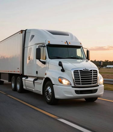 A sleek white Freightliner semi-truck traveling on a scenic North American highway during the golden hour, captured with professional motion-blur photography to emphasize speed, efficiency, and reliability.