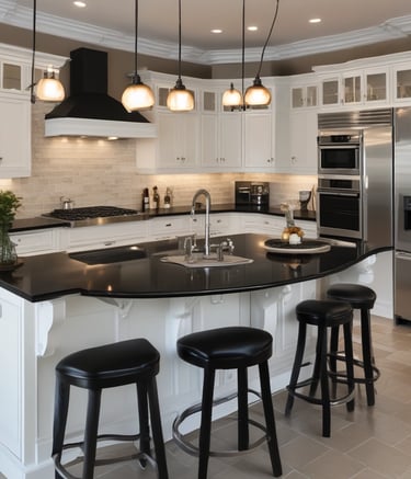 A modern kitchen counter features minimalistic decor with glass jars and a coffee grinder. Three pendant lights hang above, casting a warm glow. The background showcases glossy, iridescent tiles in neutral tones, adding texture and subtle color shifts.