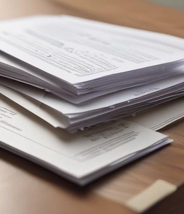 A stack of completed legal forms on a desk.