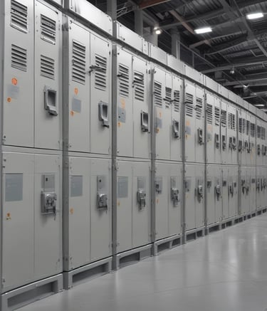 Two red electrical devices are mounted on a black corrugated metal wall, connected by a series of cables. The setup includes several black wires attached to the devices and a metal rack supporting the components.