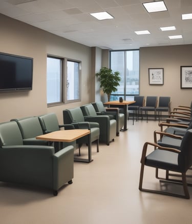 A modern dining area with pink upholstered booth seating and gray tabletops. The walls feature decorative circular art pieces in a white frame. The space has a contemporary design with clean lines and minimalistic decor, including a series of black cylindrical light fixtures hanging from the ceiling.