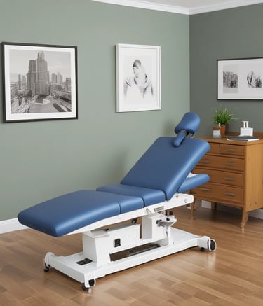 A stylish and modern interior with a long black table surrounded by gray upholstered chairs. The walls feature intricate, whimsical wallpaper with images of unicorns and foliage. A plush red bench adds a pop of color, and above it, a glowing golden logo is mounted on the wall. The space is well-lit, with pendant lights hanging from the ceiling, creating a warm and inviting atmosphere.