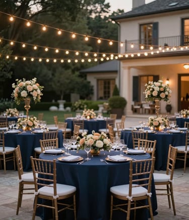 A wide-angle professional photograph of a sophisticated outdoor evening gala in a North American estate garden. The scene features elegant navy blue table linens, warm string lighting overhead, and sophisticated beige floral arrangements. The composition is clean and modern, evoking a sense of luxury and reliability.