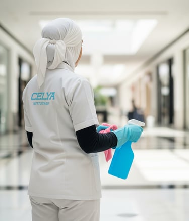 Femme de ménage en action dans un centre commercial