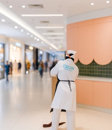 Femme de ménage utilisant une balayette pour nettoyer le sol dans un centre commercial à Casablanca