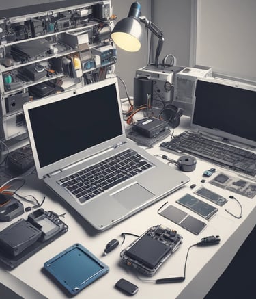 A smartphone displaying an application interface with various diagnostic tools is placed on a surface scattered with dark cylindrical objects resembling large batteries or tools. Beside the phone is a small black device with a label that includes text and a phone number.