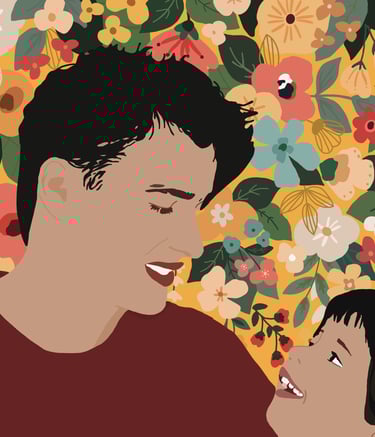 a dad and daughter are smiling and looking at each other