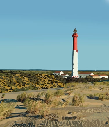 a lighthouse in the sand dunes of a beach