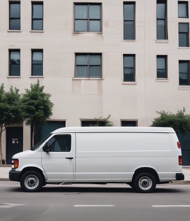 A delivery van parked outside a modern office building.