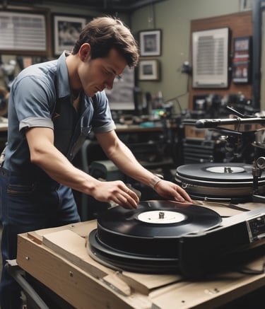Workers operating vinyl pressing machines in an industrial setting.