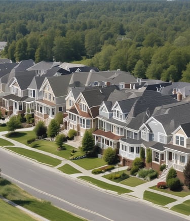 A construction site with several large buildings in various stages of completion, surrounded by dirt and construction equipment. The area is near a residential neighborhood with houses and trees visible in the background.