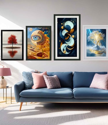 a living room with a couch and framed wall art