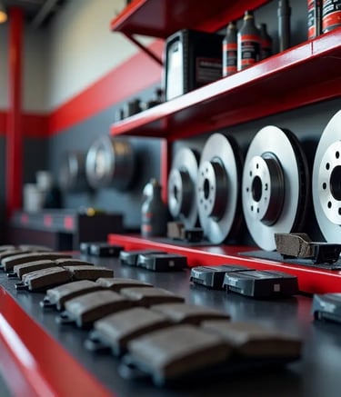 Brake pads, rotors, and fluid bottles neatly arranged inside a professional auto shop for quality 