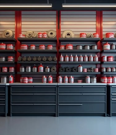 Brake pads, rotors, and fluid bottles neatly arranged inside a professional auto shop for quality 