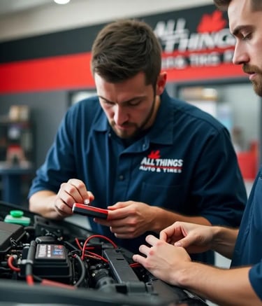  "Mechanics diagnosing and repairing a car engine inside professional auto shop for quality servics