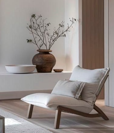 Zona de descanso con sillón confortable y tonos madera