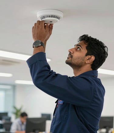 A professional South Asian technician in a navy blue uniform meticulously installing a modern smoke detector onto a white ceiling in a contemporary Indian commercial workspace. The lighting is bright and clear, emphasizing professionalism.