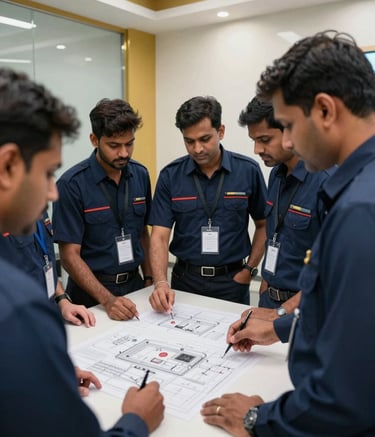 A group of professional South Asian engineers in navy blue uniforms collaborating in a modern Indian office. They are reviewing detailed technical drawings for a fire alarm system. The room is bright with gold and off-white accents, and the composition is professional and focused.