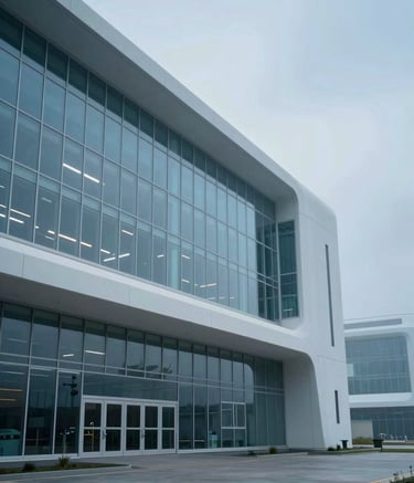 A wide-angle professional photograph of a futuristic North American / US research and development hub. The architecture features clean lines and large glass windows. The scene is permeated with Soft Mist and Sky Blue lighting, suggesting a visionary and impactful atmosphere.