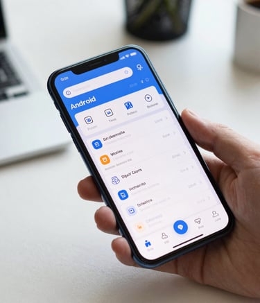 A close-up photograph of a hand holding a sleek Android smartphone in a clean, modern North American workspace, the screen showing a secure and professional banking dashboard with blue and white accents.