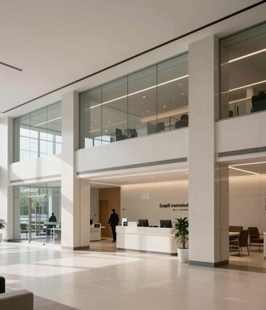 A wide-angle interior photograph of a modern, minimalist bank lobby in North America, featuring clean lines, glass partitions, and a sophisticated atmosphere with soft natural light.
